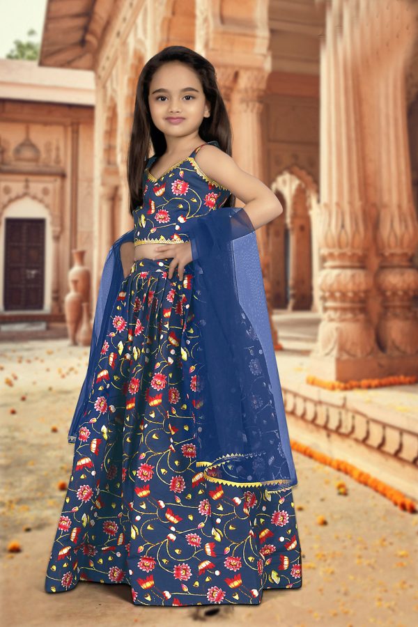 Sonakshi Girl s Blue Silk Digital Print with Sequins Lehenga Choli With Dupatta Set Discount