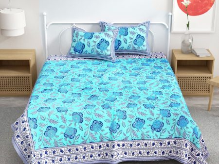 Blue Floral Design Cotton 300TC Super King Bedsheet With 2 Zipper Pillow Covers - King Size by House of Ree Online now