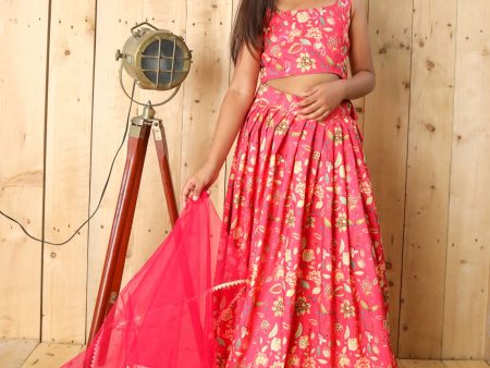 Sonakshi Girl s Pink Silk Digital Printed Lehenga Choli With Dupatta Set Hot on Sale