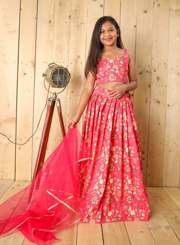 Sonakshi Girl s Pink Silk Digital Printed Lehenga Choli With Dupatta Set Hot on Sale