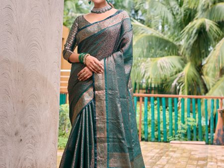 Sonakshi Women s Bottle Green Kanjivaram Handloom Zari Woven Traditional Saree with Blouse Online