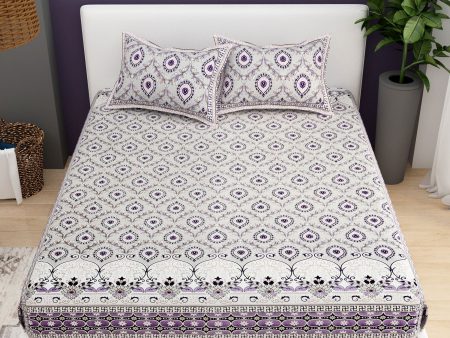 Grey White Ethnic Motifs Cotton 200TC King Bedsheet With 2 Zipper Pillow Covers - King Size by House of Ree For Cheap