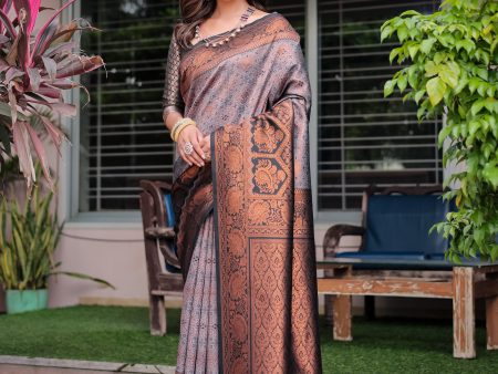 Sonakshi Women s Grey Banarasi Silk Zari Woven Traditional Saree with Blouse Hot on Sale