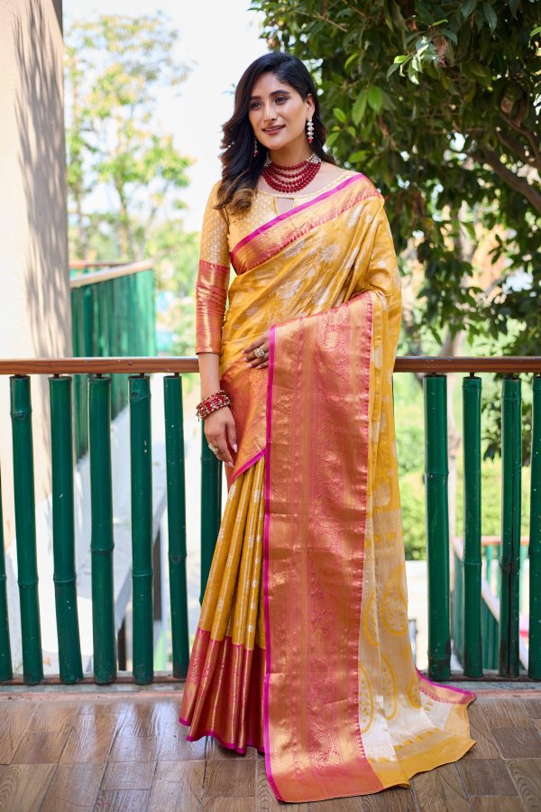 Sonakshi Women s Yellow Banarasi Handloom Silk Zari Woven Traditional Saree with Blouse Online now