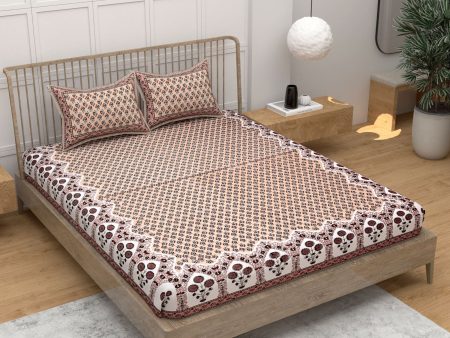 Brown Ethnic Motifs Cotton 220 TC King Bedsheet With 2 Zipper Pillow Covers - King Size by House of Ree Online Hot Sale