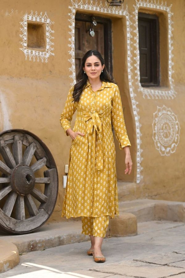 Aayaa Pure Muslin printed Kurti & Pant - Mustard yellow Online Sale