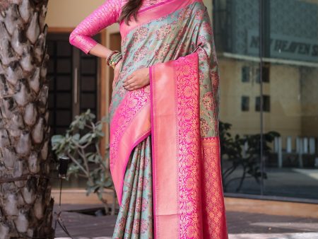 Sonakshi Women s Grey Dharmavaram Silk Zari Woven Traditional Saree with Blouse Sale