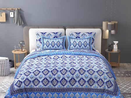 Blue Ethnic Motifs Cotton 200TC King Bedsheet With 2 Zipper Pillow Covers - King Size by House of Ree Discount