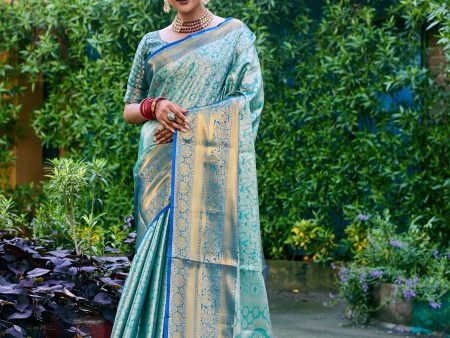 Sonakshi Women s Turquoise Banarasi Handloom Silk Zari Woven Traditional Saree with Blouse Online