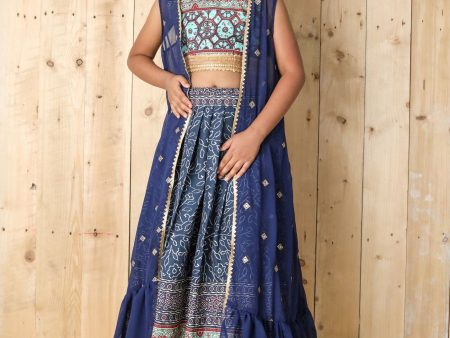 Sonakshi Girl s Blue Silk Digital Printed Lehenga Choli With Shrug Set For Sale