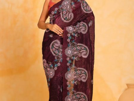 Vamsee Suhanisha Wine Korean Shimmer Silk Saree Discount