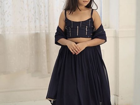 Sonakshi Girl s Navy Blue Faux Georgette Sequins with Thread Embroidered Lehenga Choli With Dupatta Set on Sale