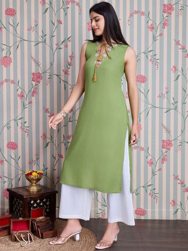 Ode by House of Pataudi Embroidered Thread Work Straight Kurta with Palazzos Hot on Sale