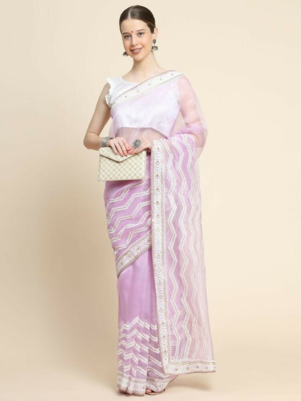 Vamsee Banno Lehriya Lavender Organza Saree For Cheap