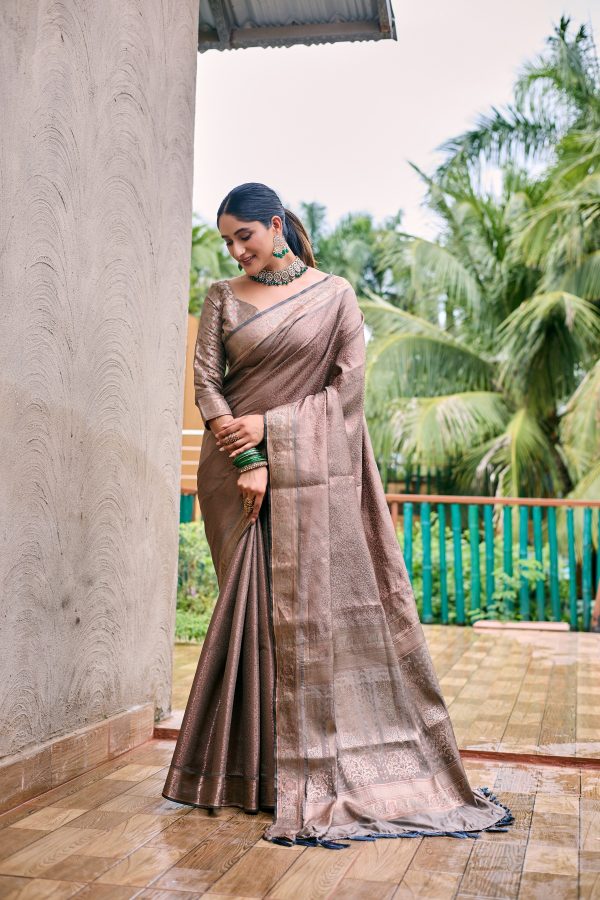 Sonakshi Women s Beige Kanjivaram Handloom Zari Woven Traditional Saree with Blouse For Sale