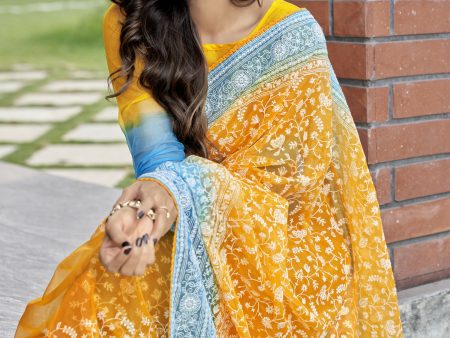 Vamsee Srivani Chikankari Yellow Organza Silk Saree Discount