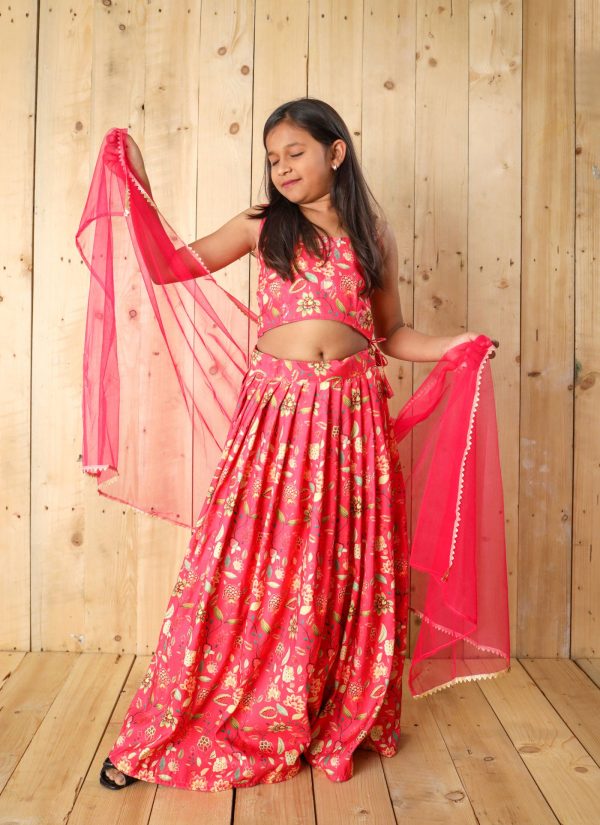 Sonakshi Girl s Pink Silk Digital Printed Lehenga Choli With Dupatta Set Hot on Sale