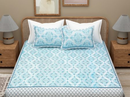 Blue Ethnic Motifs Cotton 300TC King Bedsheet With 2 Zipper Pillow Covers - Super King Size by House of Ree Online Hot Sale