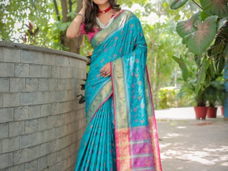 Sonakshi Women s Turquoise Patola Silk Zari Woven Traditional Saree with Blouse Online Hot Sale