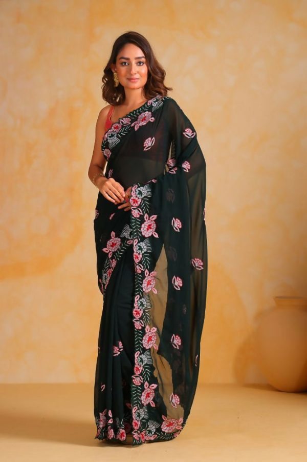 Vamsee Annie Dark Green Georgette Silk Saree Online Sale