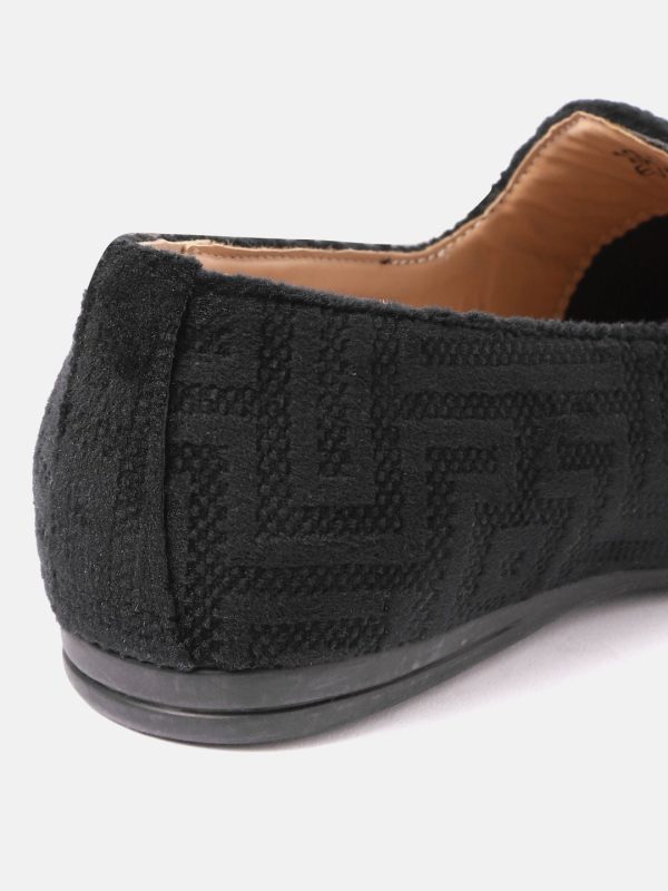 House of Pataudi Men Black & Beige Woven Design Handcrafted Slip-Ons Fashion