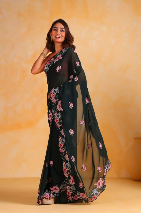 Vamsee Annie Dark Green Georgette Silk Saree Online Sale