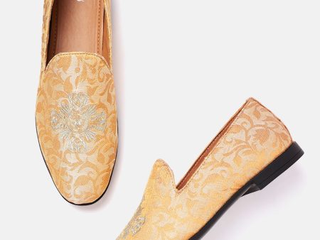 House of Pataudi Men Beige & Gold-Toned Woven Design Handcrafted Embroidered Mojaris Sale