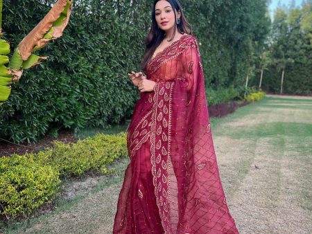 Vamsee Aaisa Maroon Organza Saree Online now