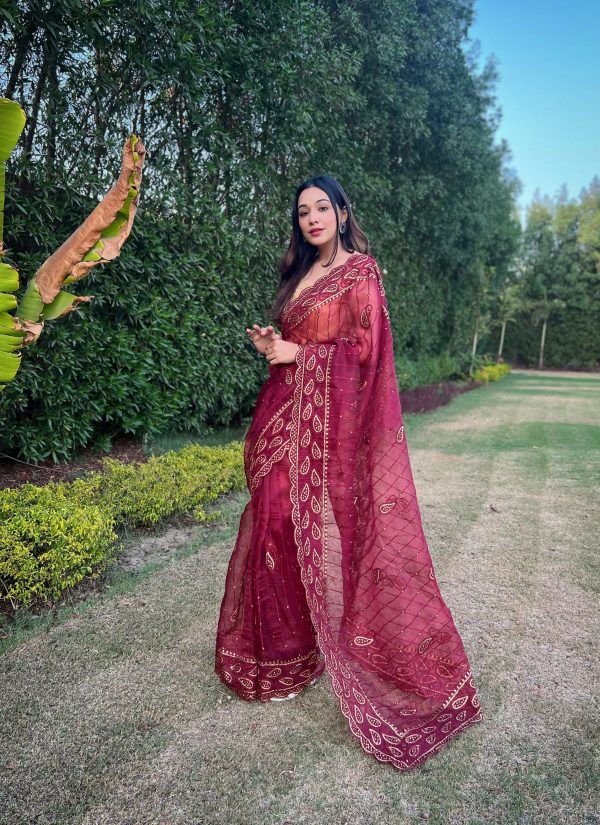 Vamsee Aaisa Maroon Organza Saree Online now