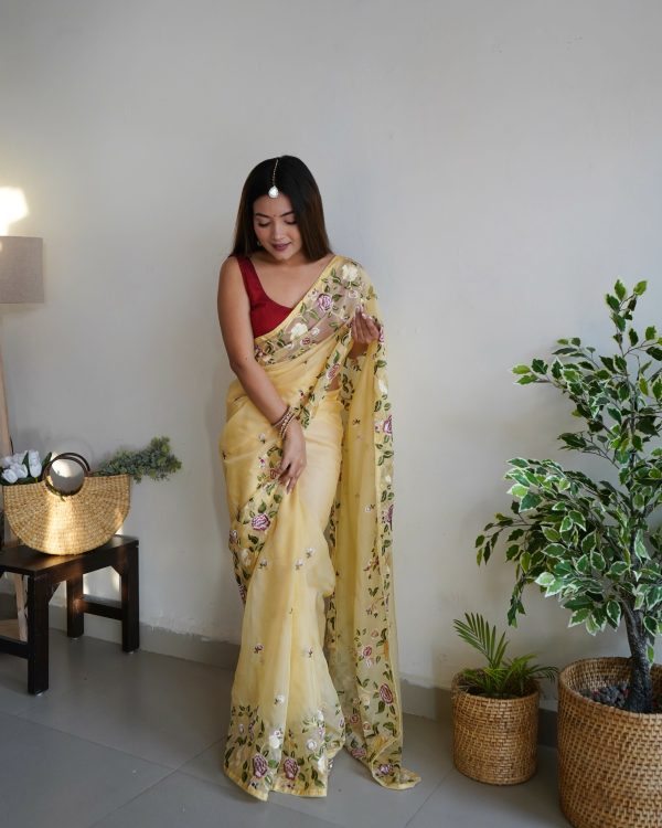 Vamsee Damini Yellow Gold Tebi Silk Saree For Sale