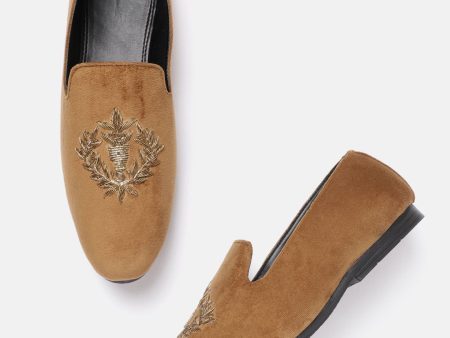 House of Pataudi Men Brown Handcrafted Embellished Slip-Ons For Cheap