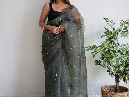 Vamsee Vika 9Mm Grey Organza Saree Hot on Sale