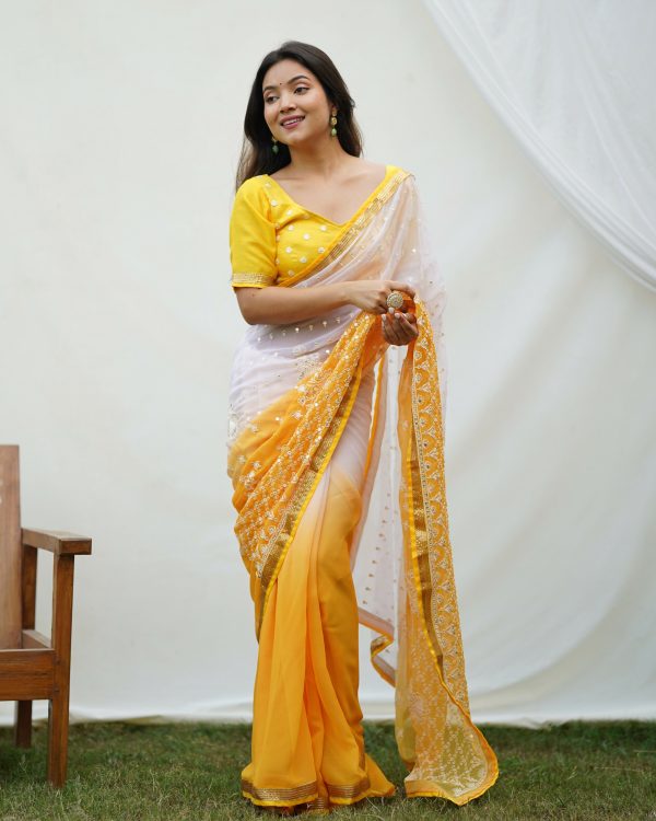 Vamsee Yellow Sequence 2 Yellow & White Georgette Saree Sale