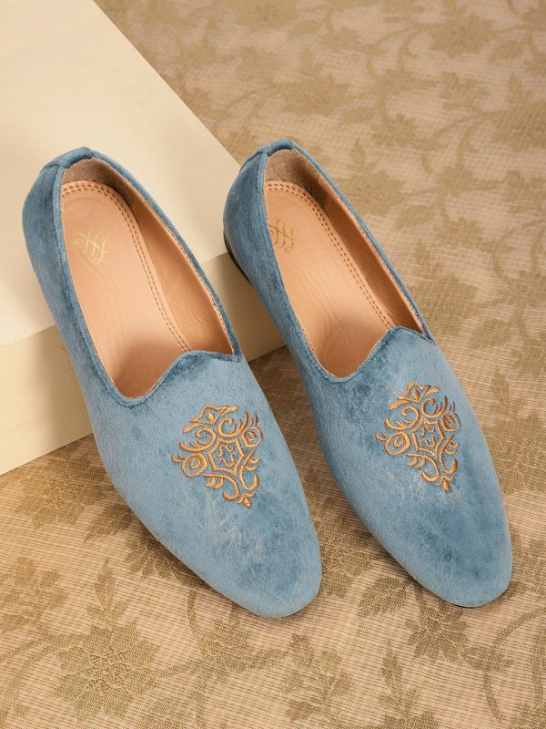 House of Pataudi Men Blue & Beige Embroidered Handcrafted Slip-Ons Online now