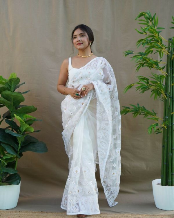 Vamsee Amisha White Organza Saree For Cheap