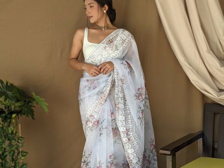 Vamsee White Border White Organza Saree For Sale