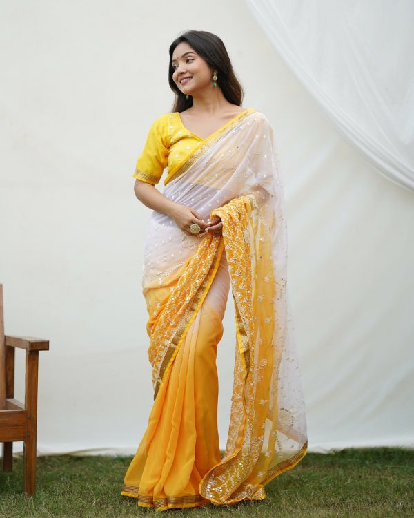 Vamsee Yellow Sequence 2 Yellow & White Georgette Saree Sale