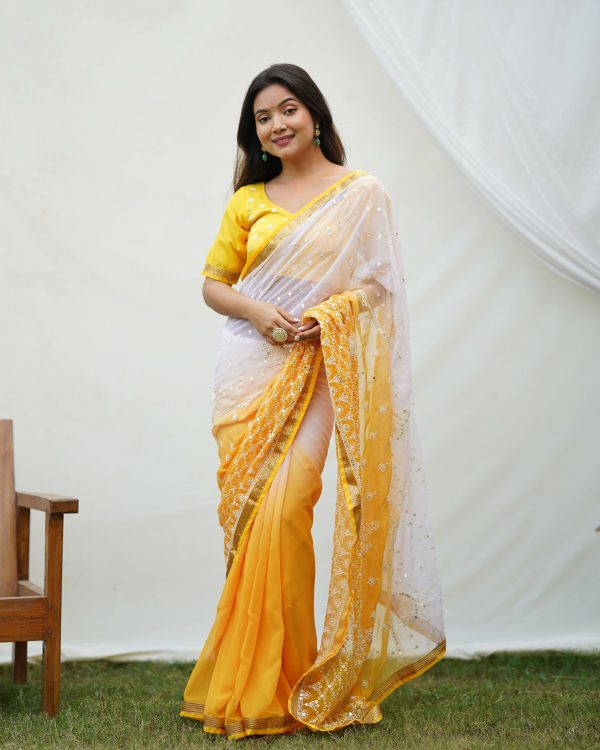 Vamsee Yellow Sequence 2 Yellow & White Georgette Saree Sale