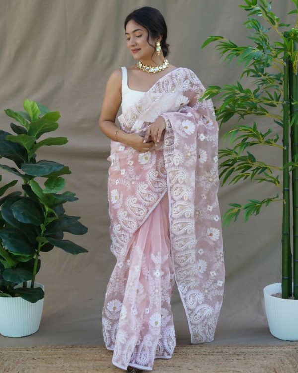 Vamsee Amisha Peach Organza Saree Hot on Sale