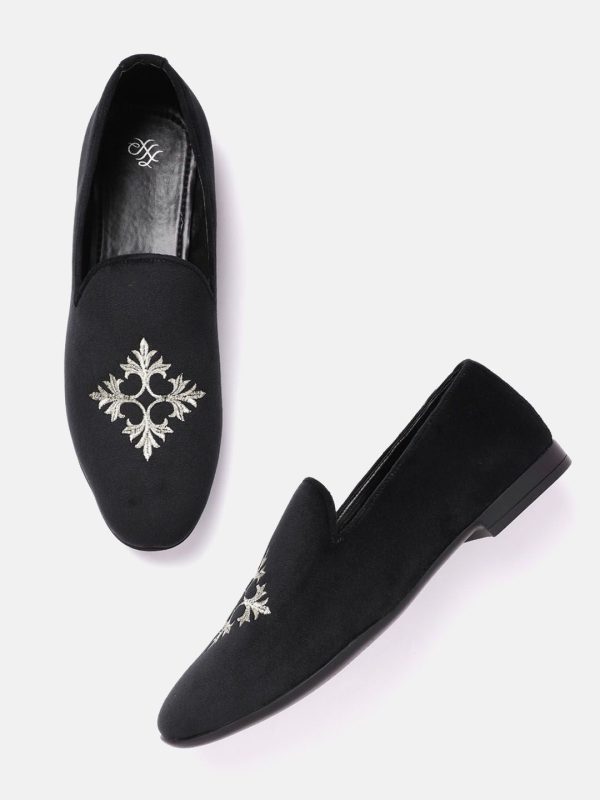 House of Pataudi Men Black & Gold-Toned Embroidered Slip-On Sneakers Online