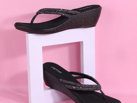 Metro Black Embellished Wedge Sandals For Cheap