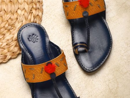 House of Pataudi Men Tan Brown Synthetic Leather Embellished Kolhapuri Sandals For Cheap