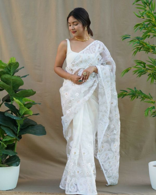 Vamsee Amisha White Organza Saree For Cheap